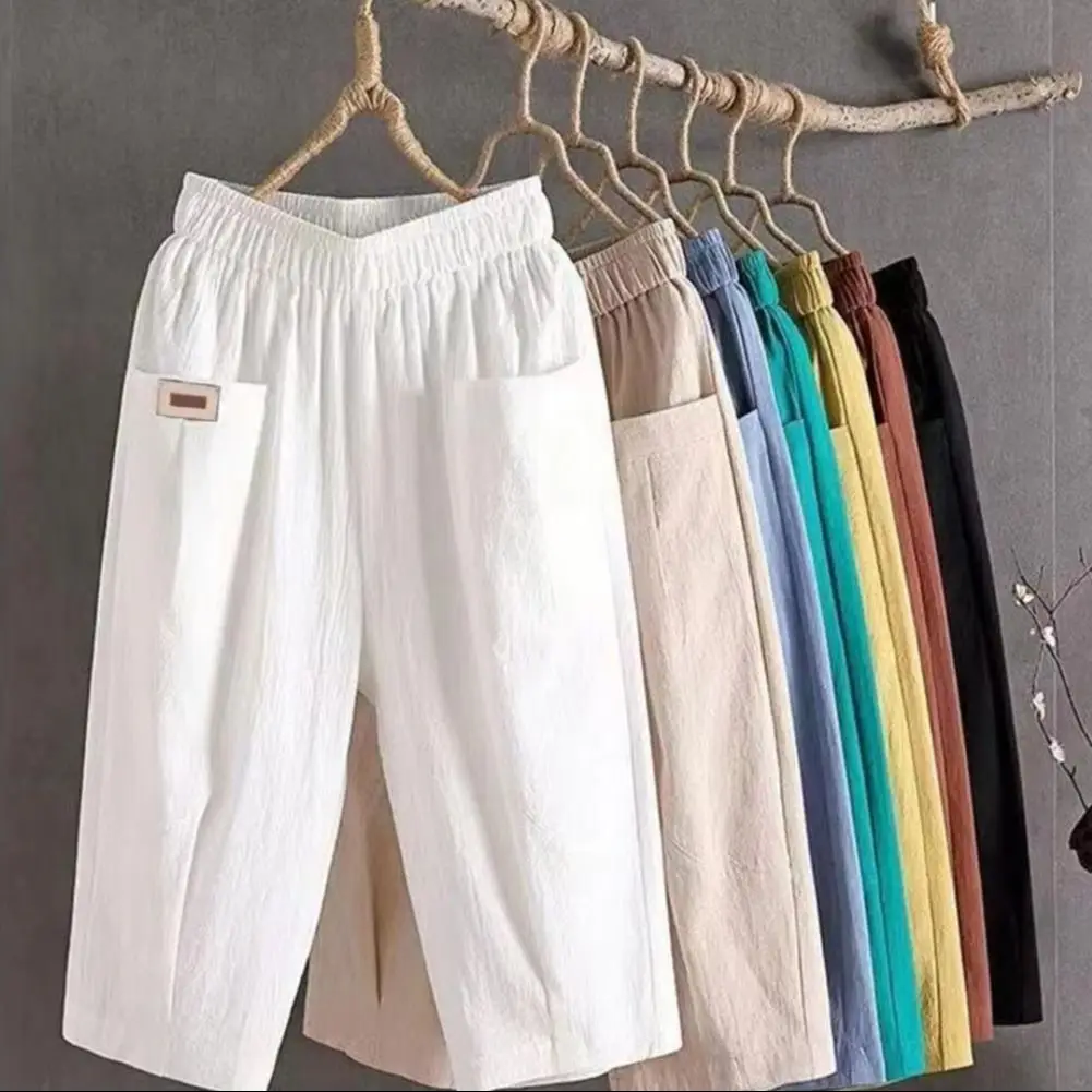 2025 السراويل فضفاضة السراويل أنيقة المرأة منتصف الارتفاع واسعة الساق اقتصاص السراويل مع جيوب حزام مطاط الحريم بنطلون للصيف #1