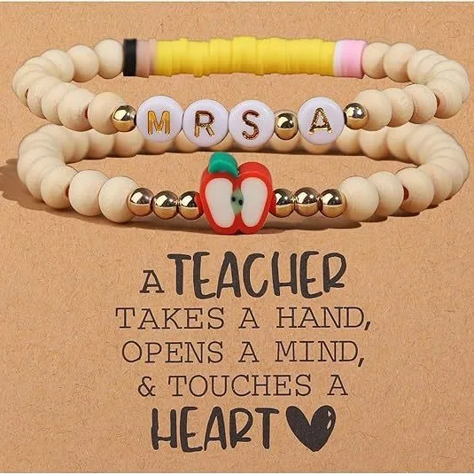New Two 6mm Acrylic Pottery Thanks Bracelet Ladies Bee Apple Pendant Teachers' Day Gift