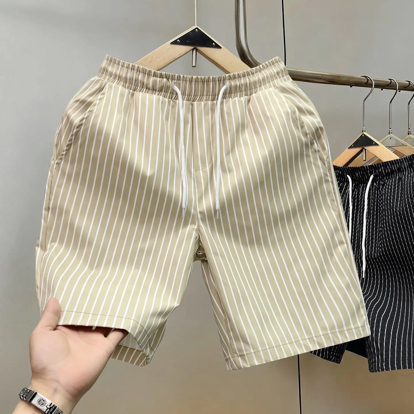 Men Striped Straight Leg Shorts Elastic Drawstring Breathable Thin Sports Bottoms Large Size Male Casual Shorts Beach Menwear