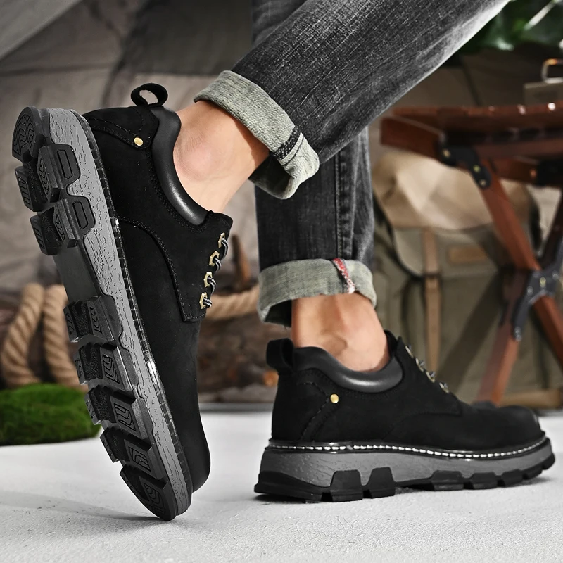 VIPOL New men's yellow boots, outdoor hiking boots, top layer leather, low-top height-increasing British-style work boots