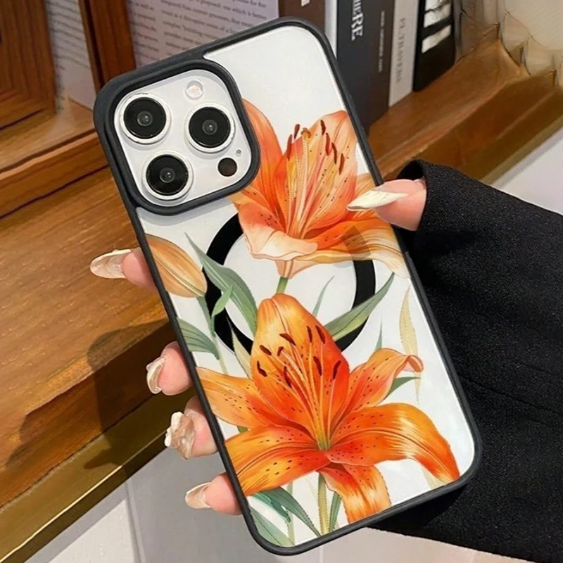 Orange Lily-Patterned Magnetic Case For iPhone 17 11 16 15 14 13 12 Pro Max Plus Air 17E 16E For Magsafe Wireless Charging Cover - view 5