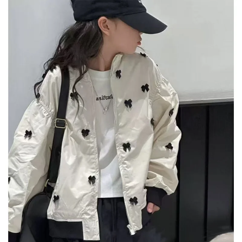 Teenage Girls' Jacket Spring and Autumn New Style Children's Casual Loose Bow Jacket Coat 4 6 8 10 12 15Y