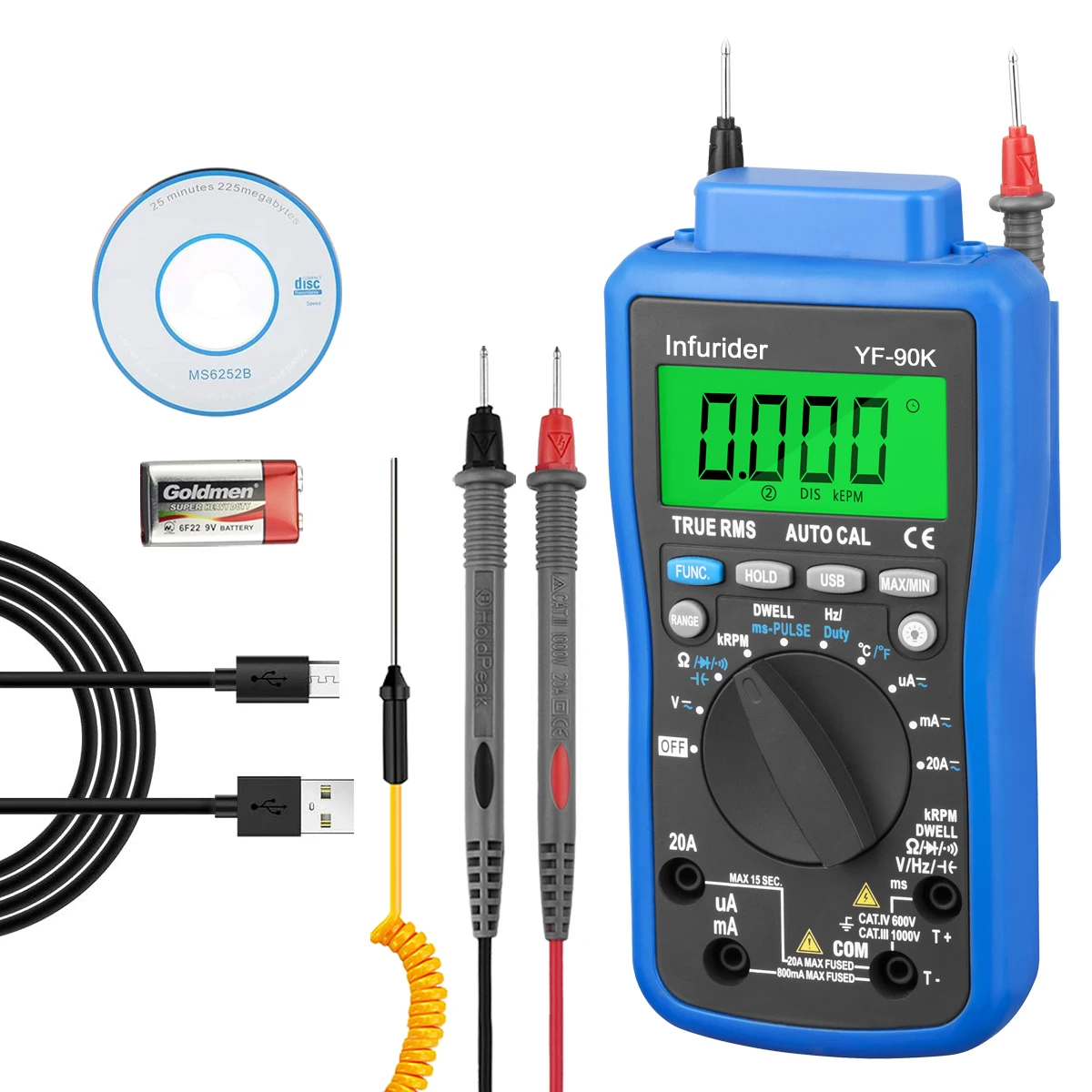 Engine Analyzer Tester HoldPeak HP-90K Auto Range Digital Automotive Multimeter Car Diagnostic Tool with Data Output by USB