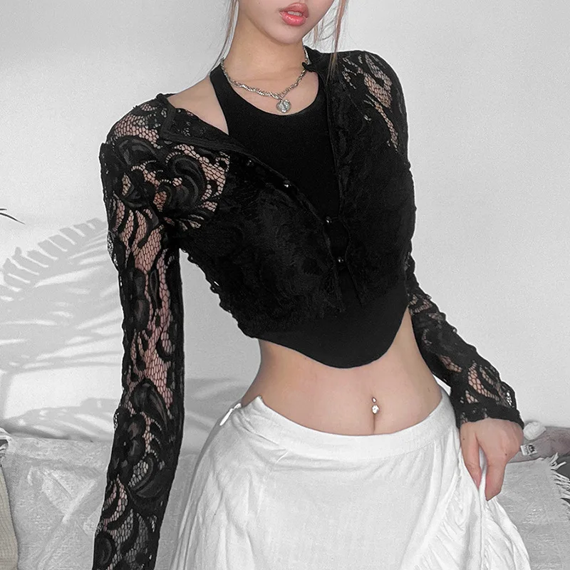 Black Lace Sexy Mysterious Beautiful Confident Mature Feminine All-Match Personality High Street Women's Long Sleeve Top HMS92