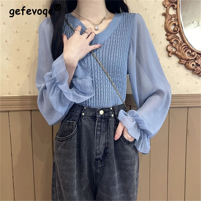 Korean Style V Neck Patchwork Sweet Chic Knit Tops for Women New Spring Autumn Casual Long Sleeve Solid Slim Blouses Clothes2023