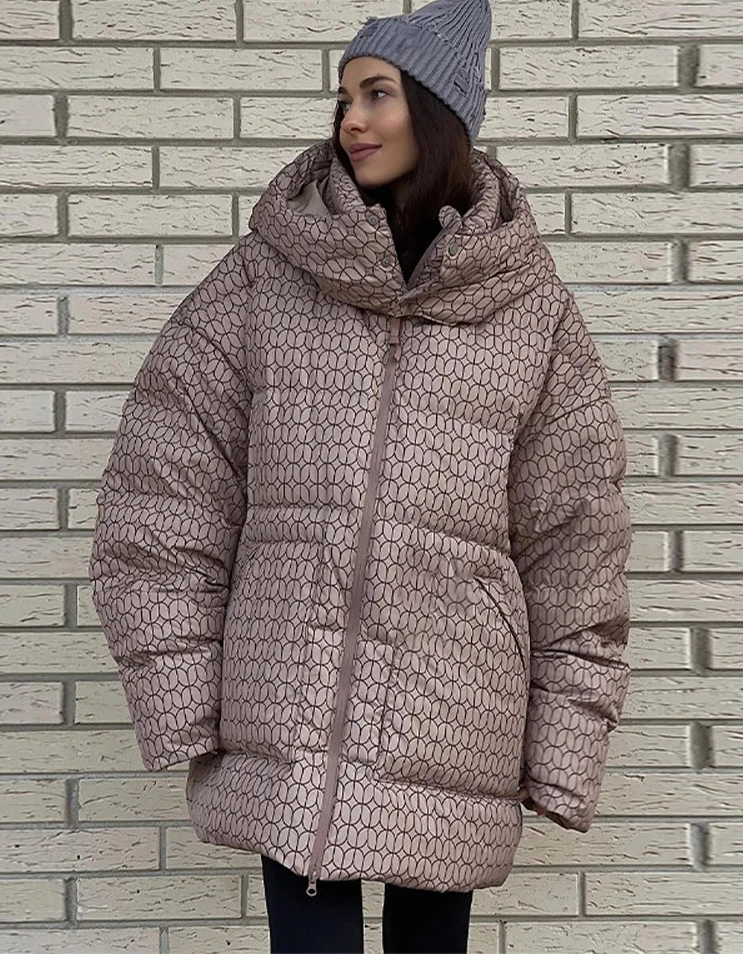 

Fashion Print Women's Padding Coats High Neck Full Sleeve Zipper Jacket Female Winter Thicken Warm Lady Loose Outwears