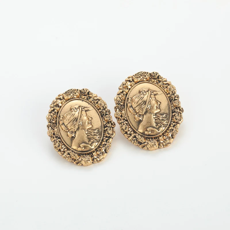 Vintage Antique Beauty Head Portrait Relief Sculpture Studs Earring Oval Retro Outfits For Woman Accessories Luxury 2025 New