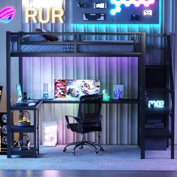 Letto a soppalco con scrivania e scale portaoggetti, struttura letto a soppalco completa in metallo con armadio e ripiano, letto a soppalco alto con luce a LED