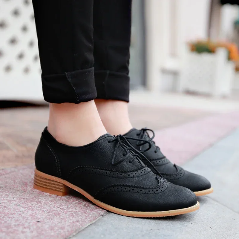 2024 Vintage Flats Women Oxfords Black Beige PU Round Toe Low Square Heel Brogues Casual Office Party Lace Up Ladies Dress Shoes