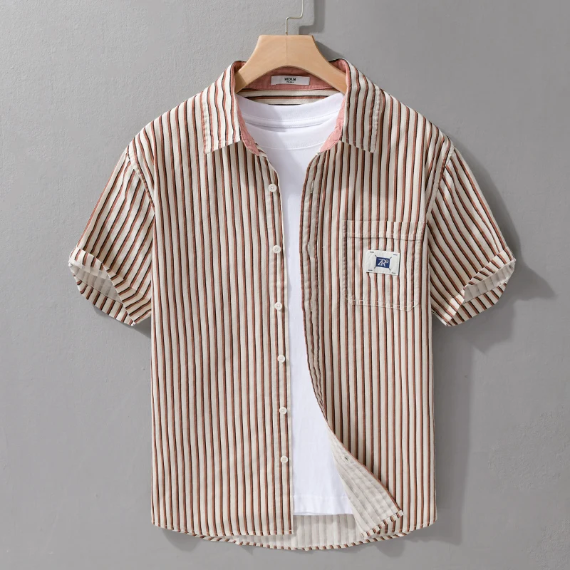 

00% Pure Cotton ort Sve irt Men's Summer Thin Casual Loose Striped Top Youth Faion Breathable Button down irt
