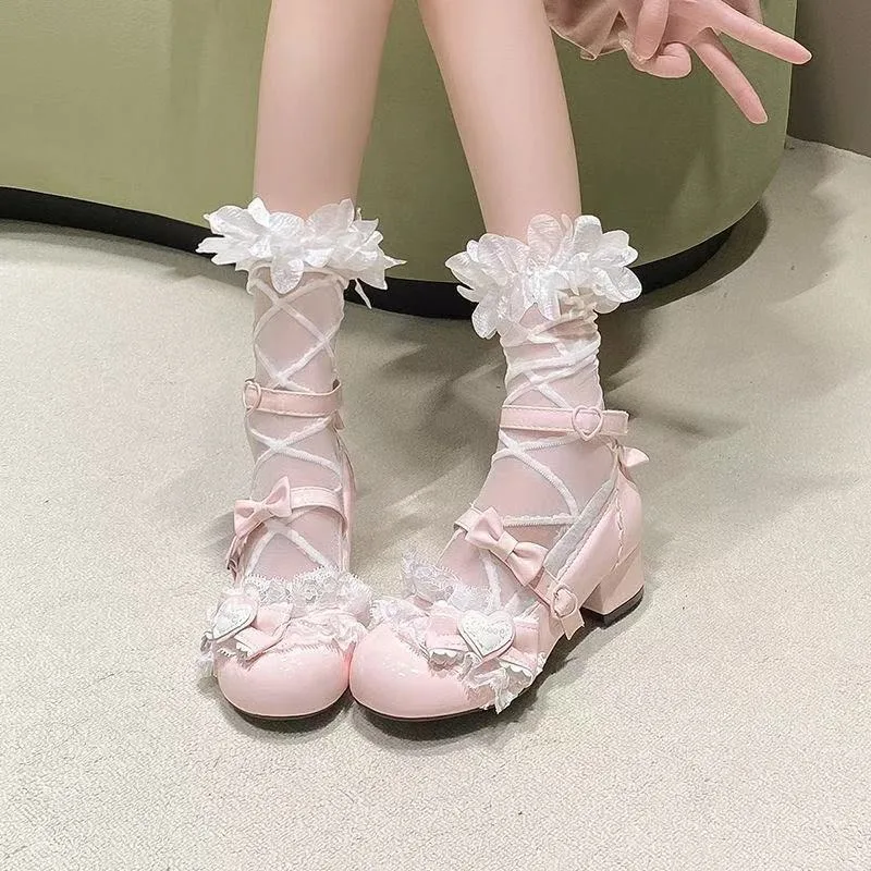 Chunky Mary Jane Single Shoes Women Fashion Round Head Shallow Bow One Line Buckle Non-slip and Wear Heel Shoes