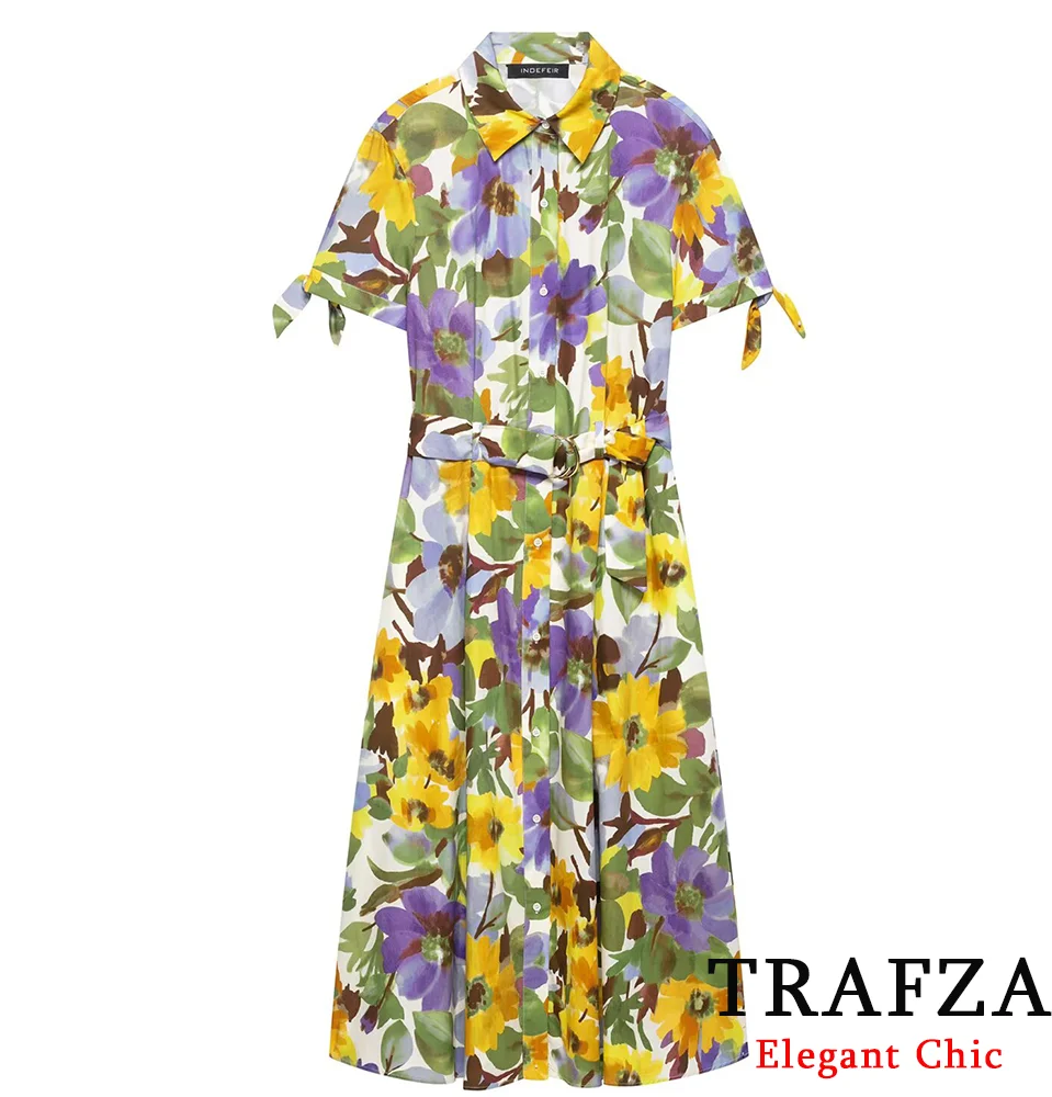 

TRAFZA-Women Midi Vintage Dress Printed Lapel Lace-up Long Dress New 2025 Summer Fashion Garden Parties Beach Casual Dress
