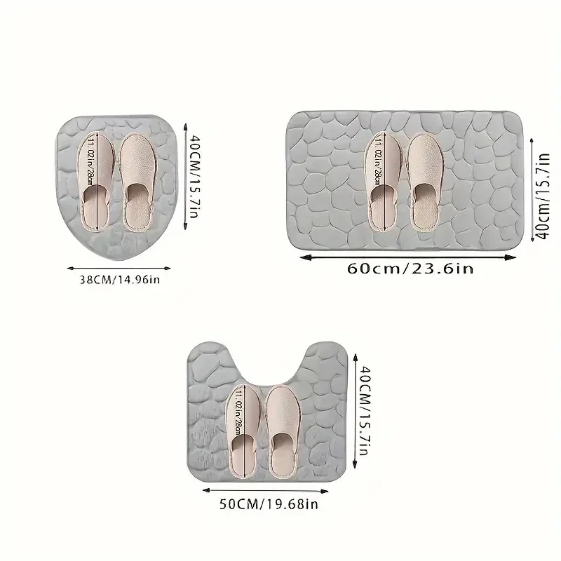 3Pcs/Set Bathroom Cobblestones Embossed Rug,Soft Non-Slip Absorbent Memory Foam Bathroom Floor Mat,Toilet Mat,Bathroom Acces