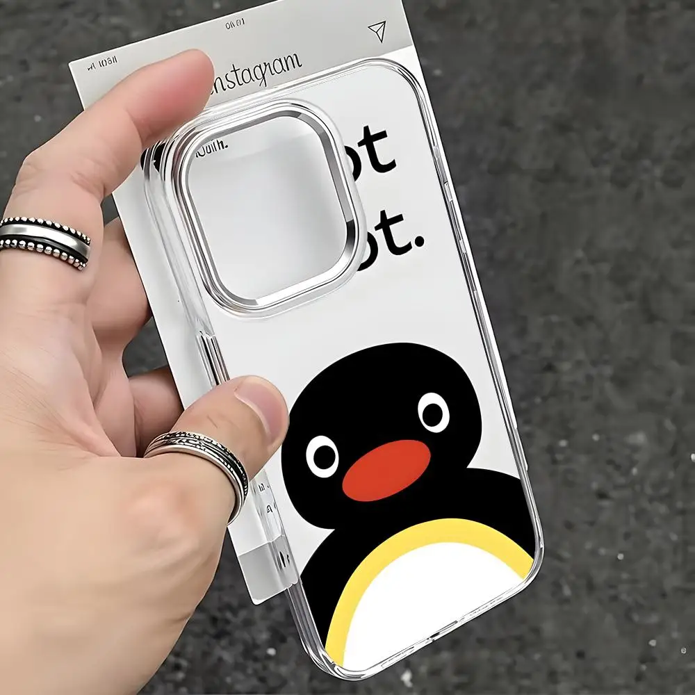 Cute Ins style pingu Phone Case For iPhone17 16 15 14 13 12 11 Pro Max Plus Chrome Button Camera Ring Transparent Case