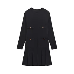 2024 RARF loose and wide pleated knitted button pocket decoration long sleeved short dress autumn new item