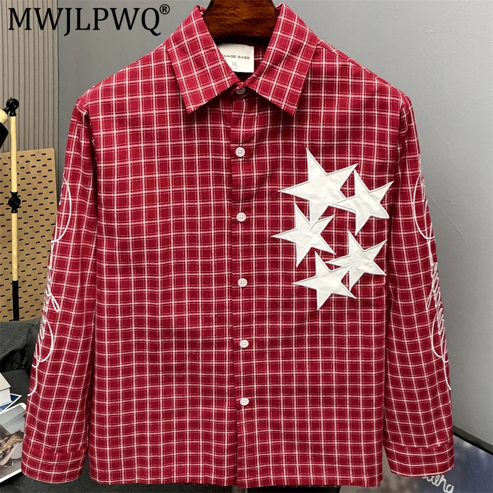 MWJLPWQ 2026 Spring Autumn Loose Plaid Shirt For Men American Trendy Design Star Embroidery Design Casual Loose Tops 20473