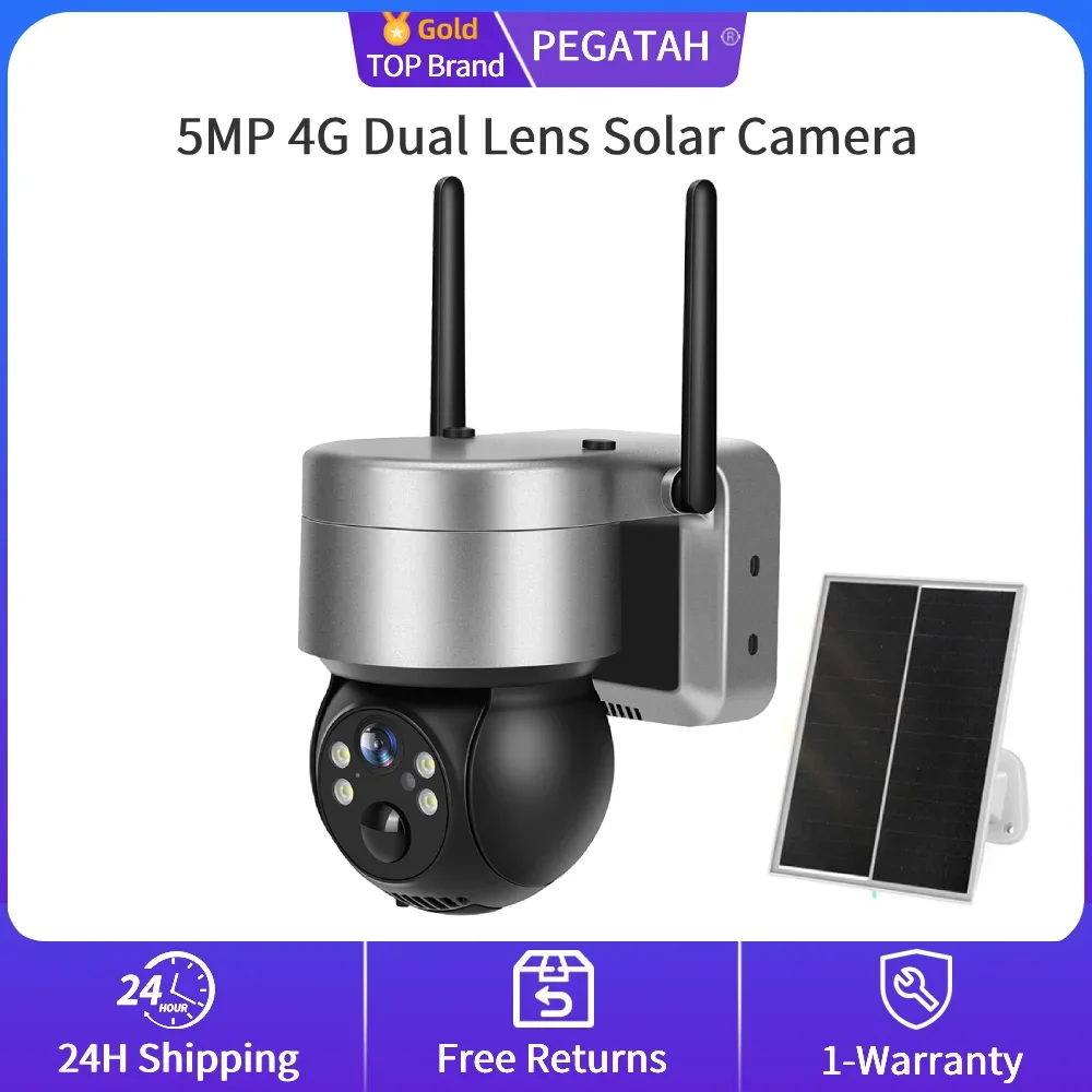 

PEGATAH 5MP Dual Lens Solar Camera 4G Outdoor IP Camara CCTV Security Built in Battery PIR Cam with Solar Panel Camhi Pro APP