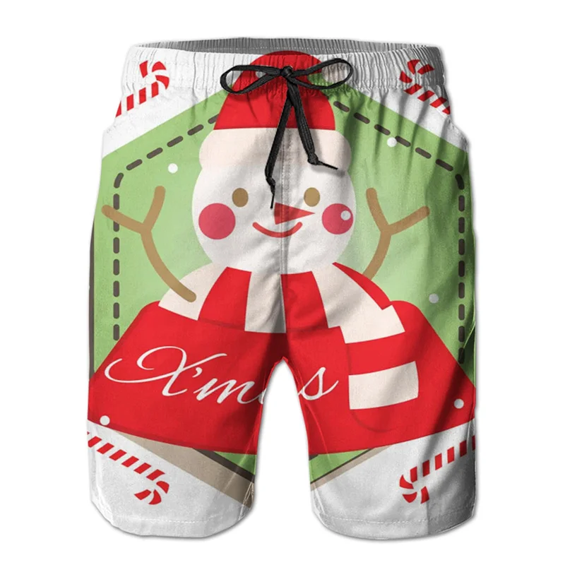 Calções de praia estampados 3D Papai Noel e boneco de neve, calções gráficos de natação de renas natalinas, calças fofas, troncos de verão