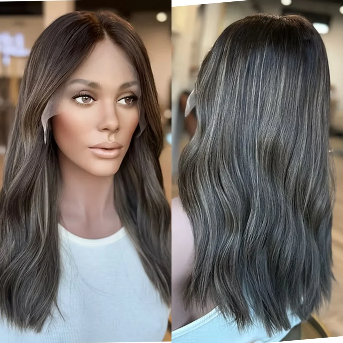 

20 Inches Dark Wigs Balayage Blonde Highlights Middle Parting Medium Length High Quality 13*4 Synthetic HD Lace Frontal Wigs