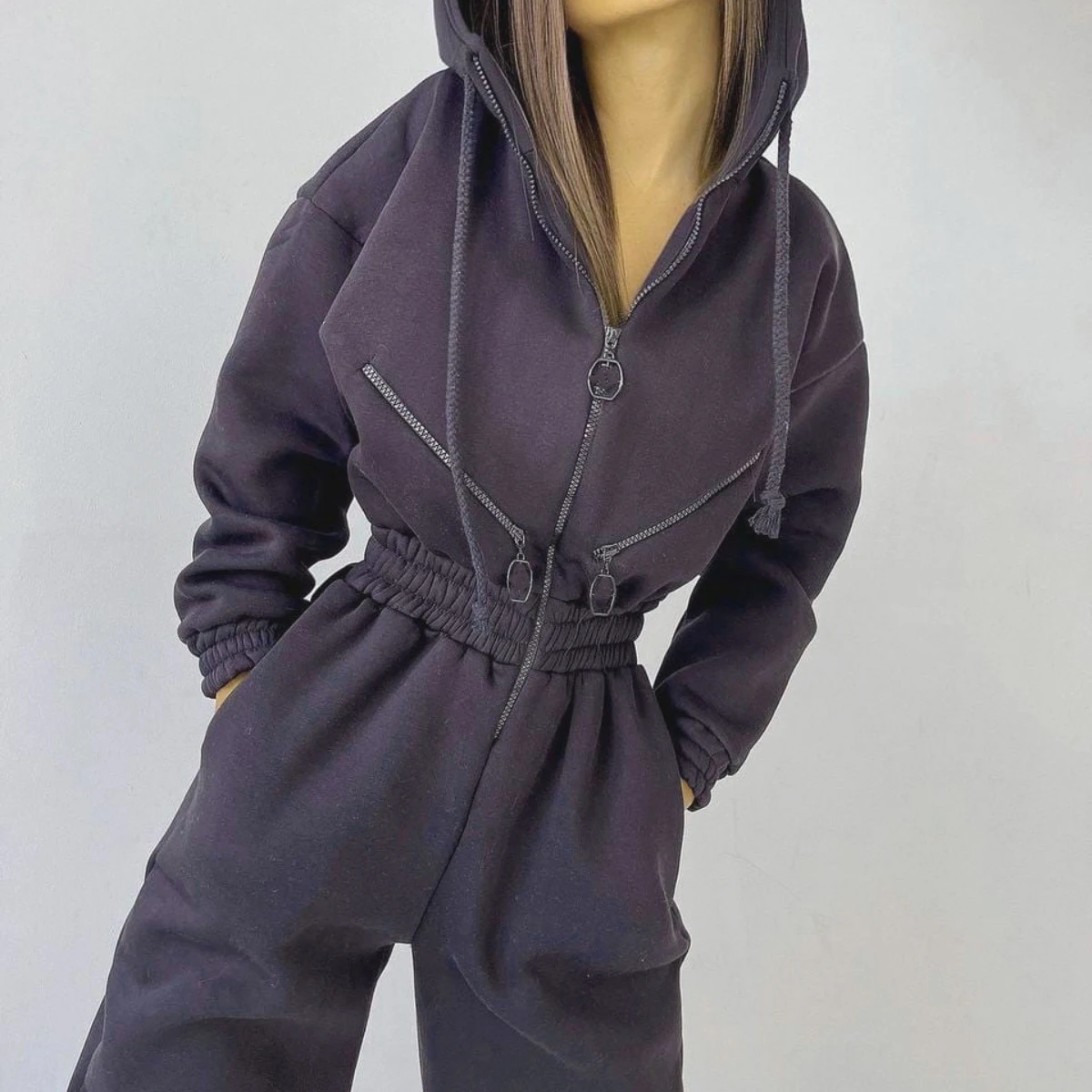Herbstliche Einteiler-Sets: Sweatshirt-Kapuzen-Jumpsuit für Damen, lässige Sportsets, Winter-Reißverschluss-Set mit gerader Hose. – Detail 4