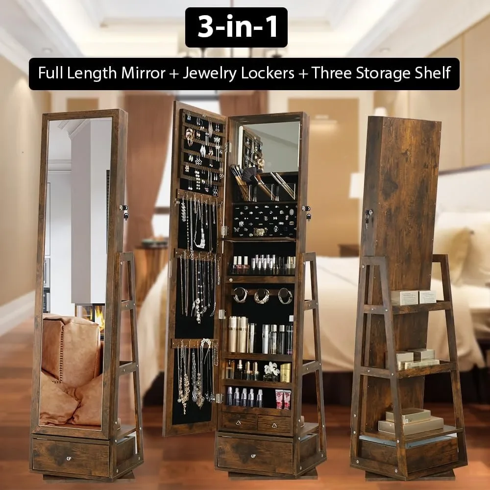 360 Swivel Full Length Mirror Jewelry Cabinet - Standing Armoire With Built-In Mirror & 3 Lockable Drawers (Rustic Brown)