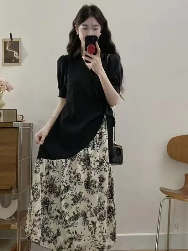 

New Chinese Style Floral Print Asymmetrical Two-Piece Set Summer Slimming plus Size Women's Dress Korean Loose Fit High Waist