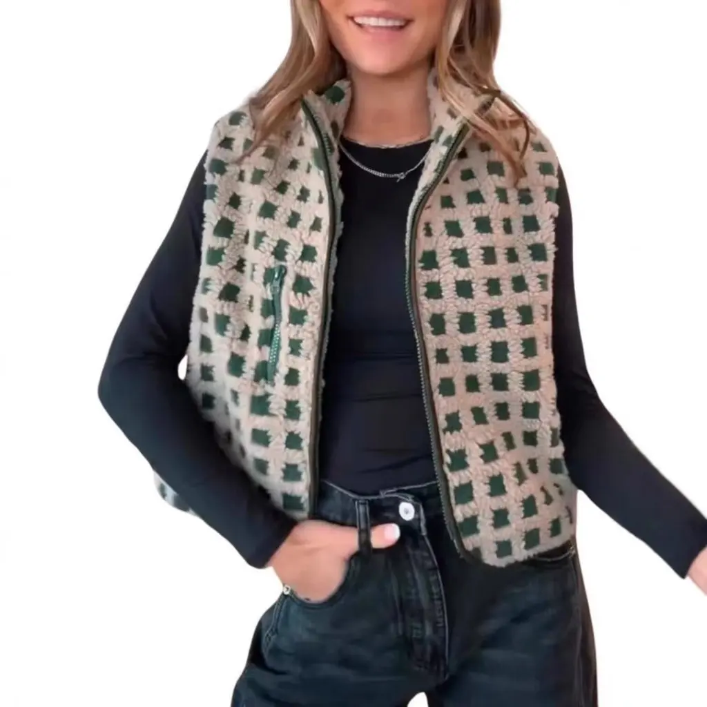 

Women's Sleeveless Fleece Vest Autumn Winter High Collar Zipper Top Independent Station Explosions Waffles Style