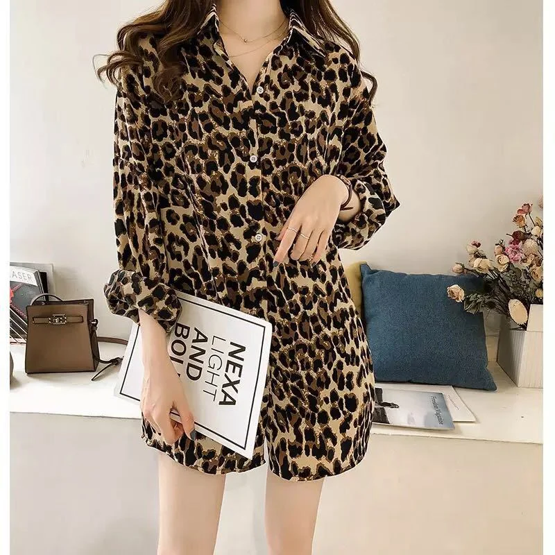 Sexy Women\'s Shirt Long Sleeves Leopard Print Casual Blouse Polo Collar Cardigan Large Size Mid-length Top Loose Girl\'s Clothes