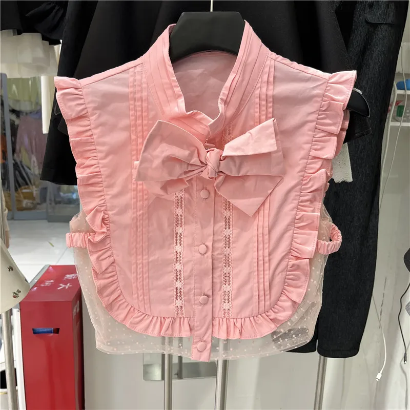 

Sweet Detachable Knot Mesh Splice Stand Collar Sleeveless Shirt Women's Summer New Style Wooden Trim Vest