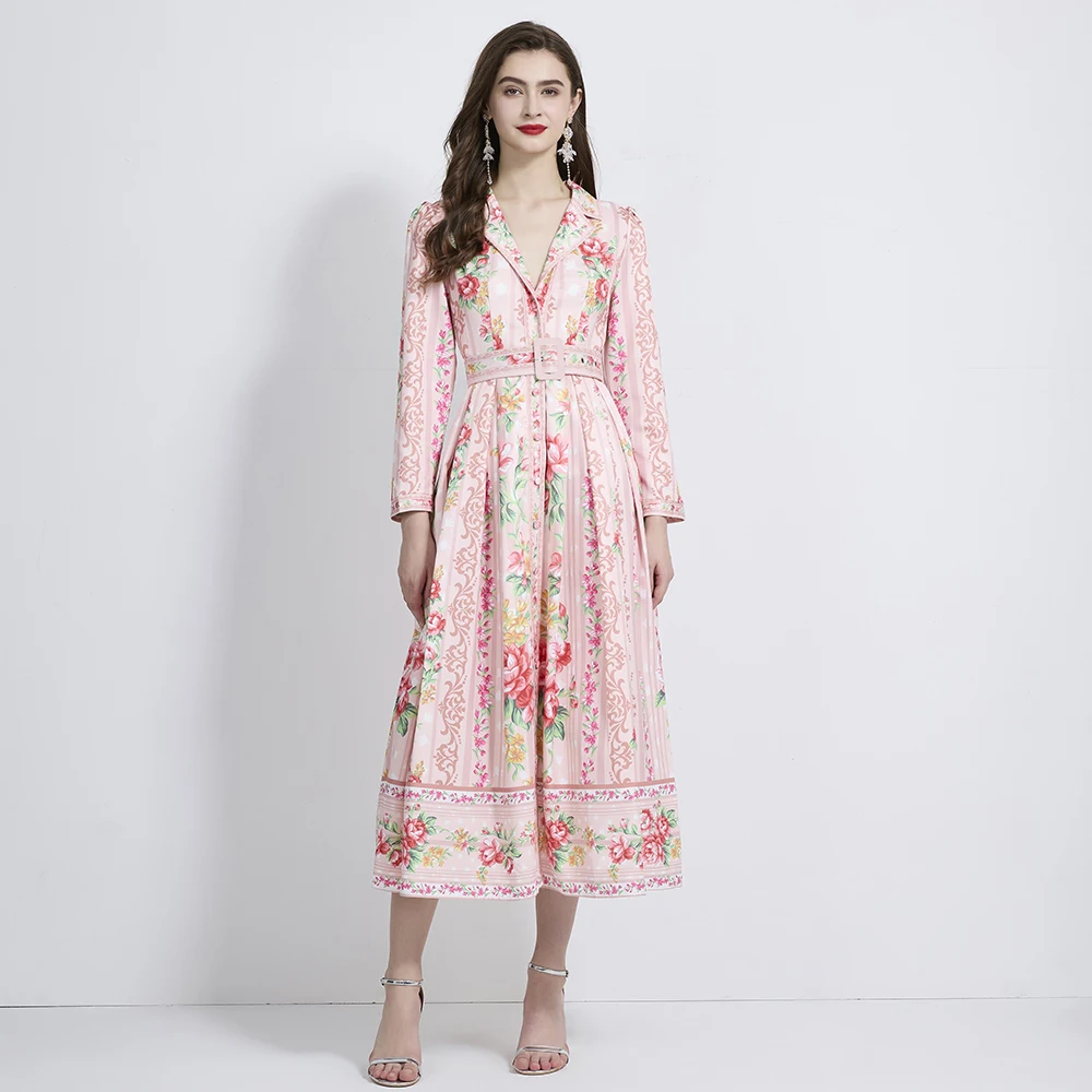 2024 عطلة نمط دعوى طوق تحديد المواقع الأزهار طباعة طويلة الأكمام الخصر cinching تنورة طويلة XY 2109088