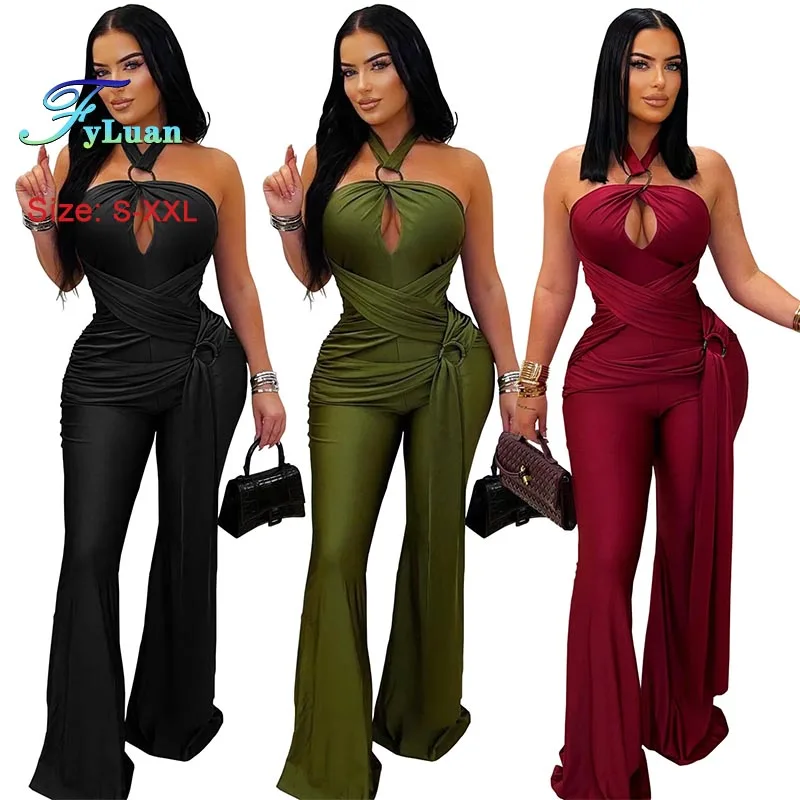 

Fashion Women Jumpsuits Solid Color Temperament Neck-mounted Wide Legs Pants Sexy Sleeveless Slimming Bodysuit Commuting Clothes