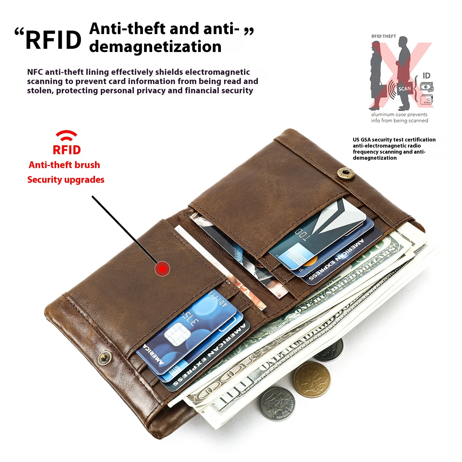 Men's Genuine Leather Vintage Wallet Short RFID Anti-theft Brush Money Clip Oil Wax Cowhide Card Package