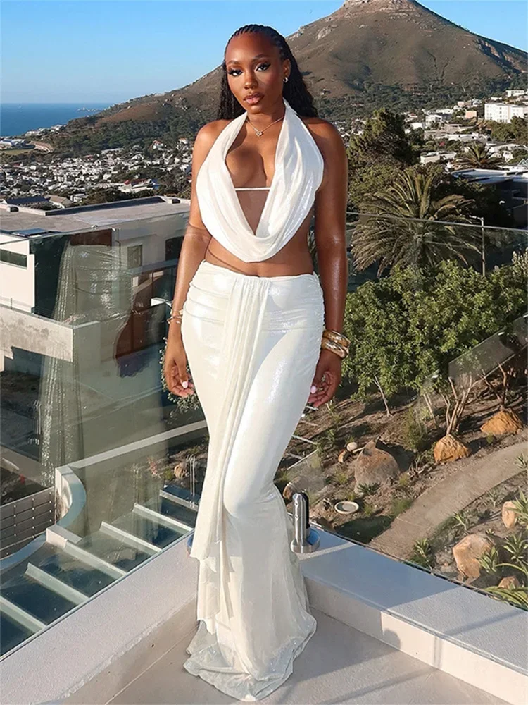 

CPSYMYM Ruched Elegant 2 Piece Set Women Bandage Halter Swing Collar Tops+Silky Ribbon Long Skirts Vacation Beach Style Suits