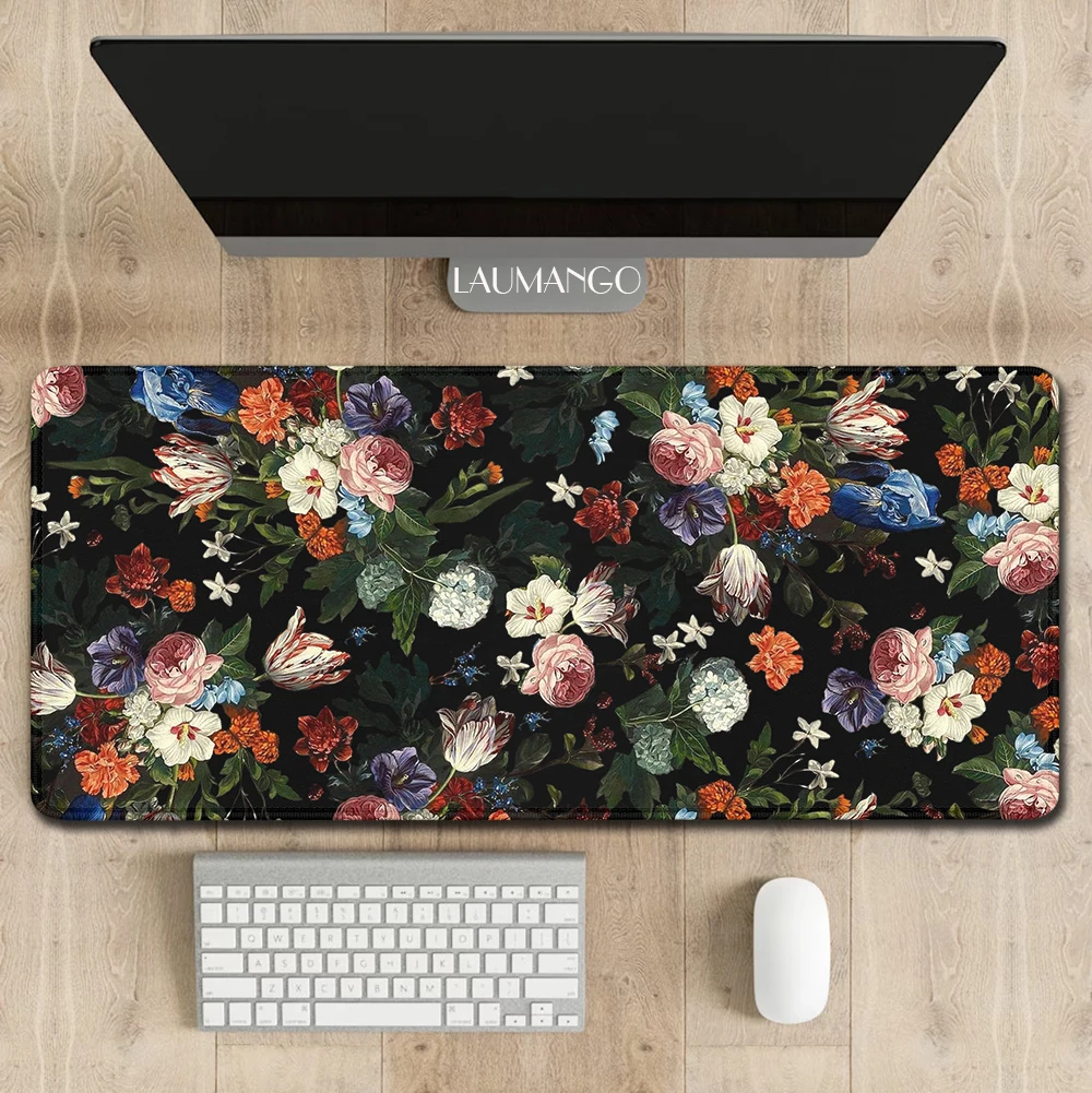 Dark Cottagecore Desk Mat, Floral & Botanical Mouse Pad, Vintage Aesthetic Workspace Decor, Nature-Inspired Extended Desk Mat