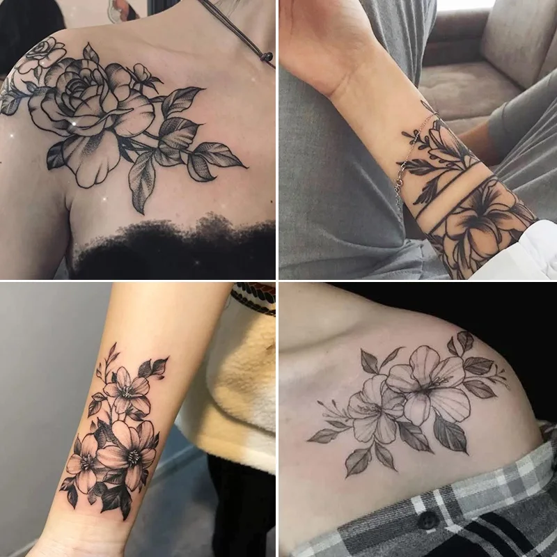 12pcs Plain Flower Tattoo Stickers Waterproof Female Long-lasting Dark Black Clavicle Sexy Arm Tattoo Large Pattern Temp