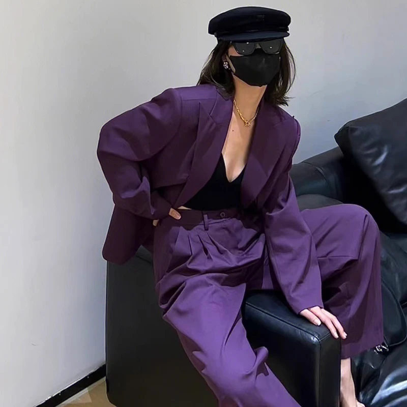 Autumn Winter Purple Blazers Two Piece Set New Women Notched Neck Single Breasted Loose Office OL Suit Coat +Wide-Leg Pants Suit