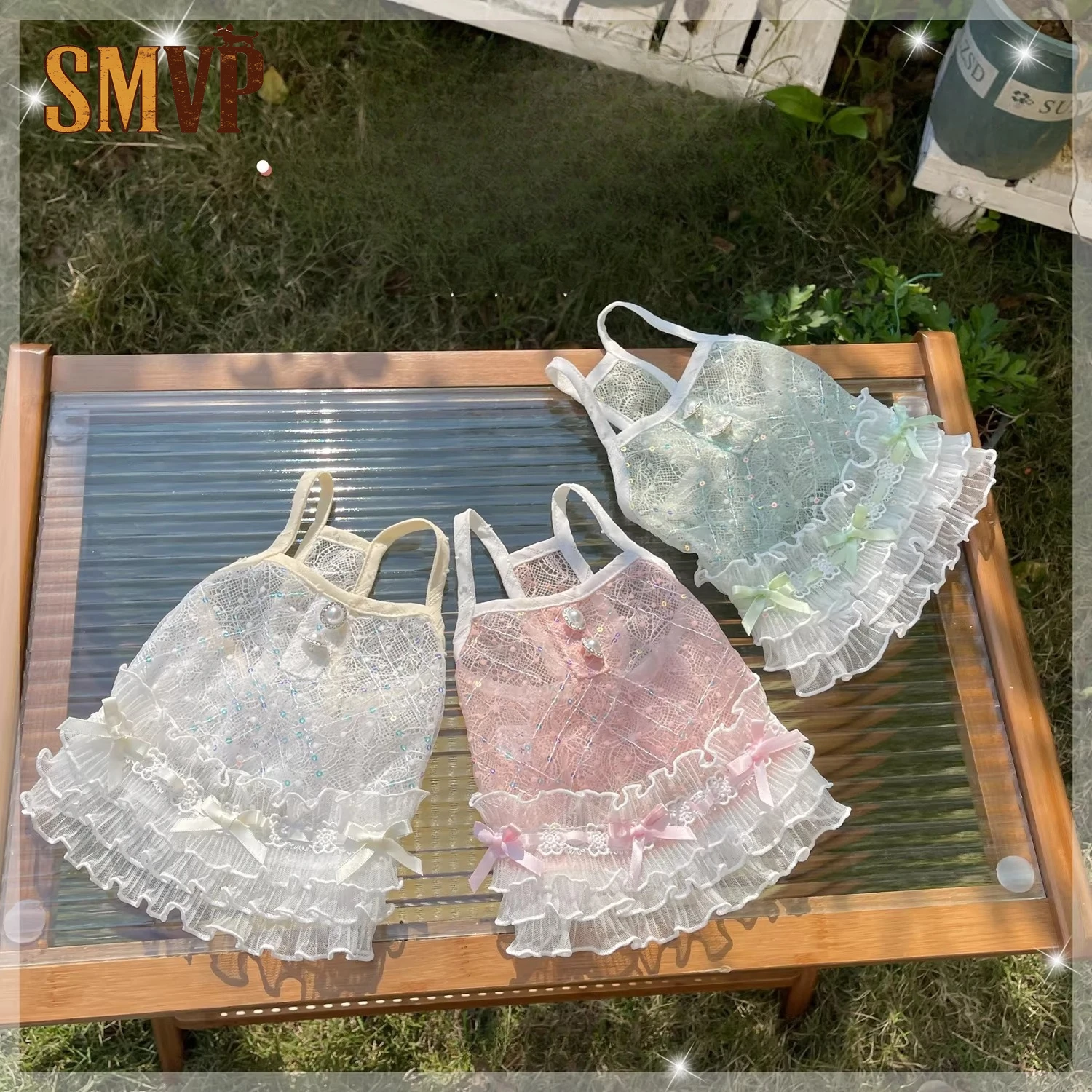 

Summer Pearlescent Suspender Pearl Button Decoration Sexy Perspective Small Suspender Skirt Dopamine Color Small Dog Clothes