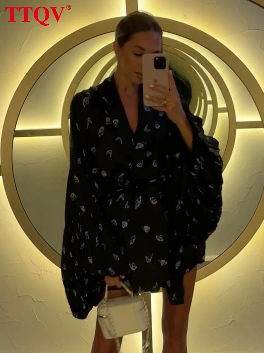 

TTQV Fashion Loose Print Women's Dress 2025 Casual V-Neck Long Sleeve Mini Dresses Elegant Classic Lace-Up Female Dress