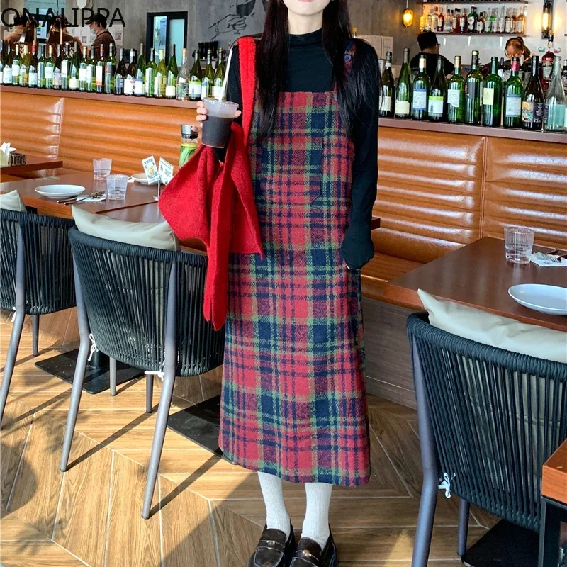 Onalippa Contrast Plaid Red Wool Dresses Button Fly Straight Loose Midi Dress for Women Korean Vintage Chic Loose Vestidos