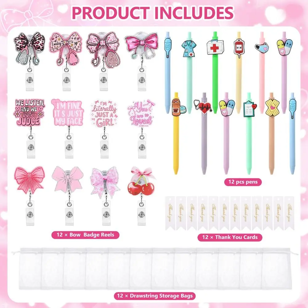 48 Pcs Pink Bow Theme Retractable Badge Reels Gel Pen Included 48pcs Set Nurse Appreciation Gift Set Organza Bag Thank You Cards