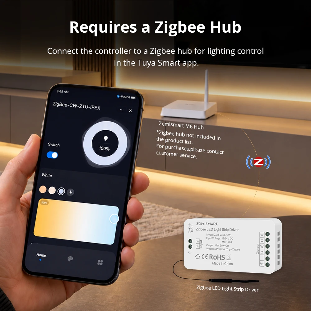 Zemismart Zigbee CW LED Light Strip Driver 12/24V 20A Max LED Controller Work with Tuya Homekit Alexa SmartThings APP