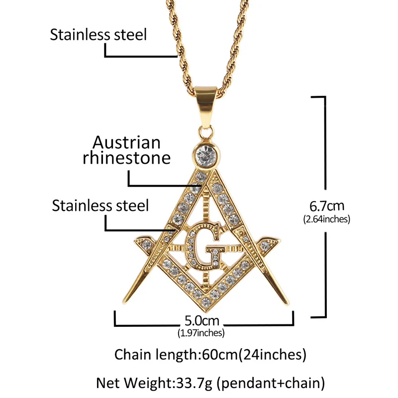 9 Styles Hip Hop Bling Iced Out Gold Color Stainless Steel Masonic Freemasonry AG Pendants Necklace for Men Rapper Jewelry