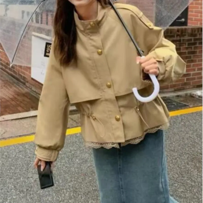 Women's Lace Patchwork Trench Autumn Stand Neck Long Sleeve Buttons Drawstring Coats Fashion Casual Female Windbreaker