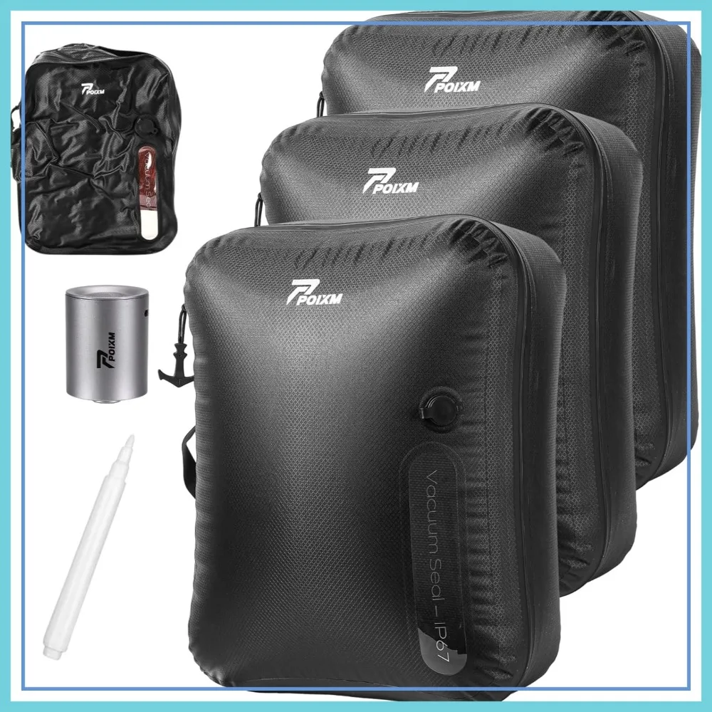

Travel Vacuum Bags with Pump, 180° Open Zipper, IP67 Waterproof, Reusable Compression Bags for Suitcase Backpack, 3 Pack