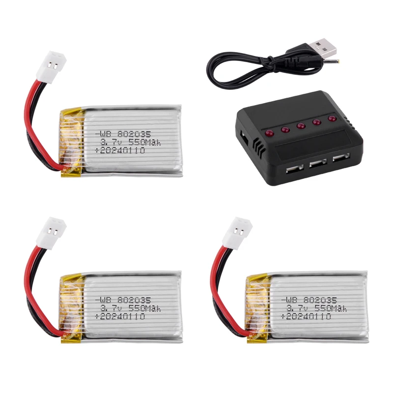 NEW 3.7V 550mAh Lipo Battery For X4 H107 H31 KY101 E33C E33 U816A V252 H6C RC Drone Spare Parts 3.7v 802035 Battery Charger Set