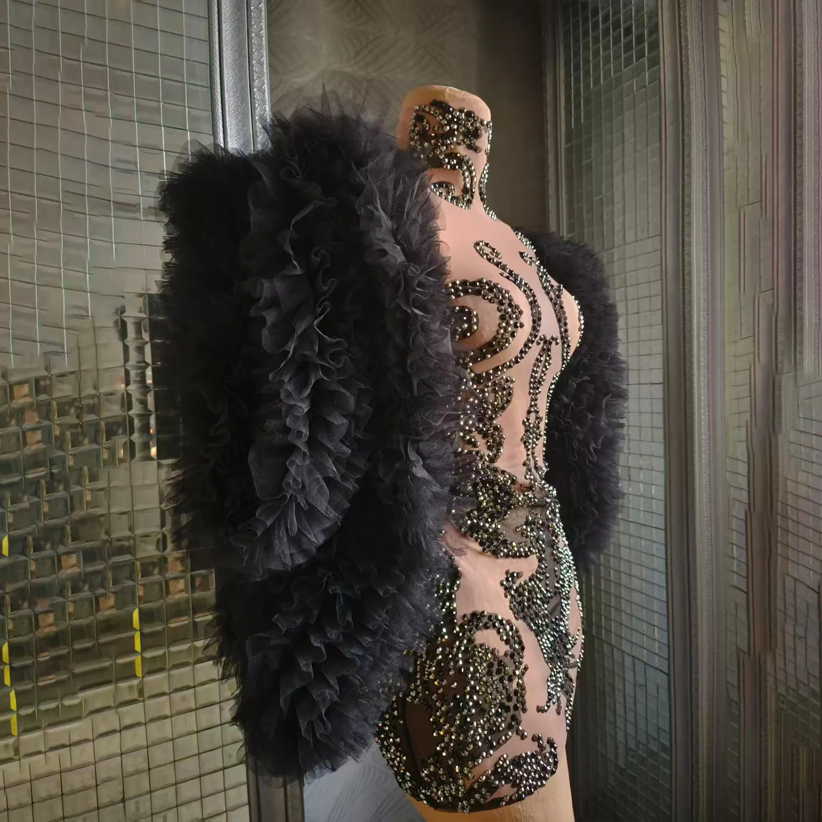 

black sparkle Rhinestones Dress Women long sleeve nightclub festival DS Birthday Party outfit Celebrate drag queen costumes