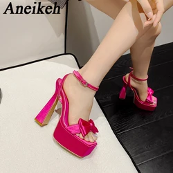 Aneikeh Elegant Sexy Square Head Open Toe Super High Heels Women Silk Butterfly-knot Decor Buckle StrapSandals Party Wedding