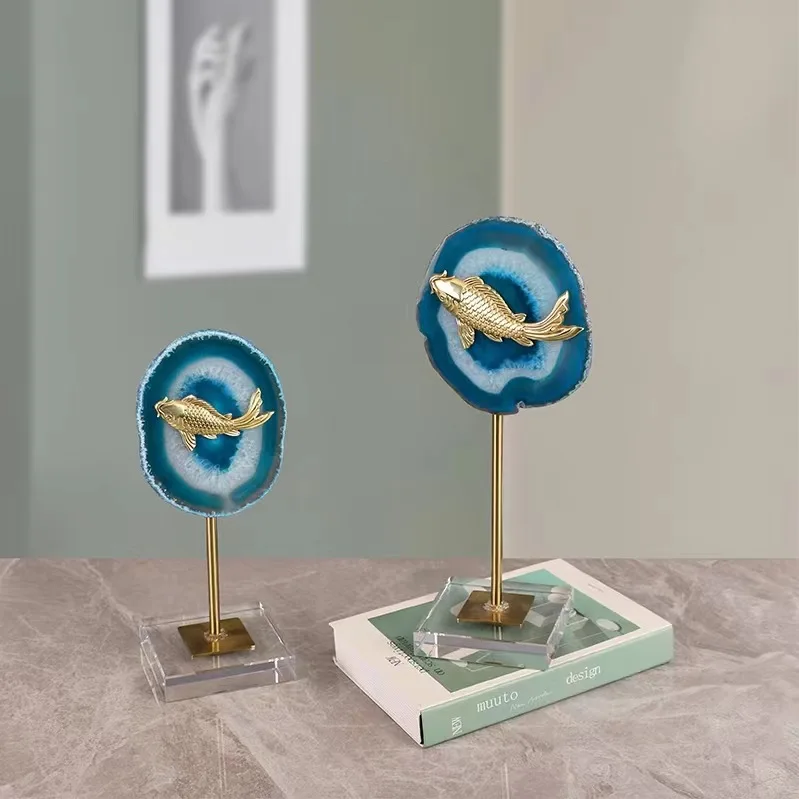 Modern light luxury blue agate sheet copper koi transparent crystal ornament hotel living room entrance desktop soft decoration