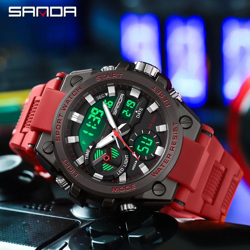 SAMDA New Sport Watches For Men 50M Waterproof LED Clock Alarm Dual Display Quartz Wristwatch Military Resisitant Mens Watch