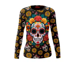 2024 Women's Classic Mexican Day of the Dead Series Irregular Printed Long Sleeve T-Shirt Ladies Loose T-Shirt Tops T-Shirt